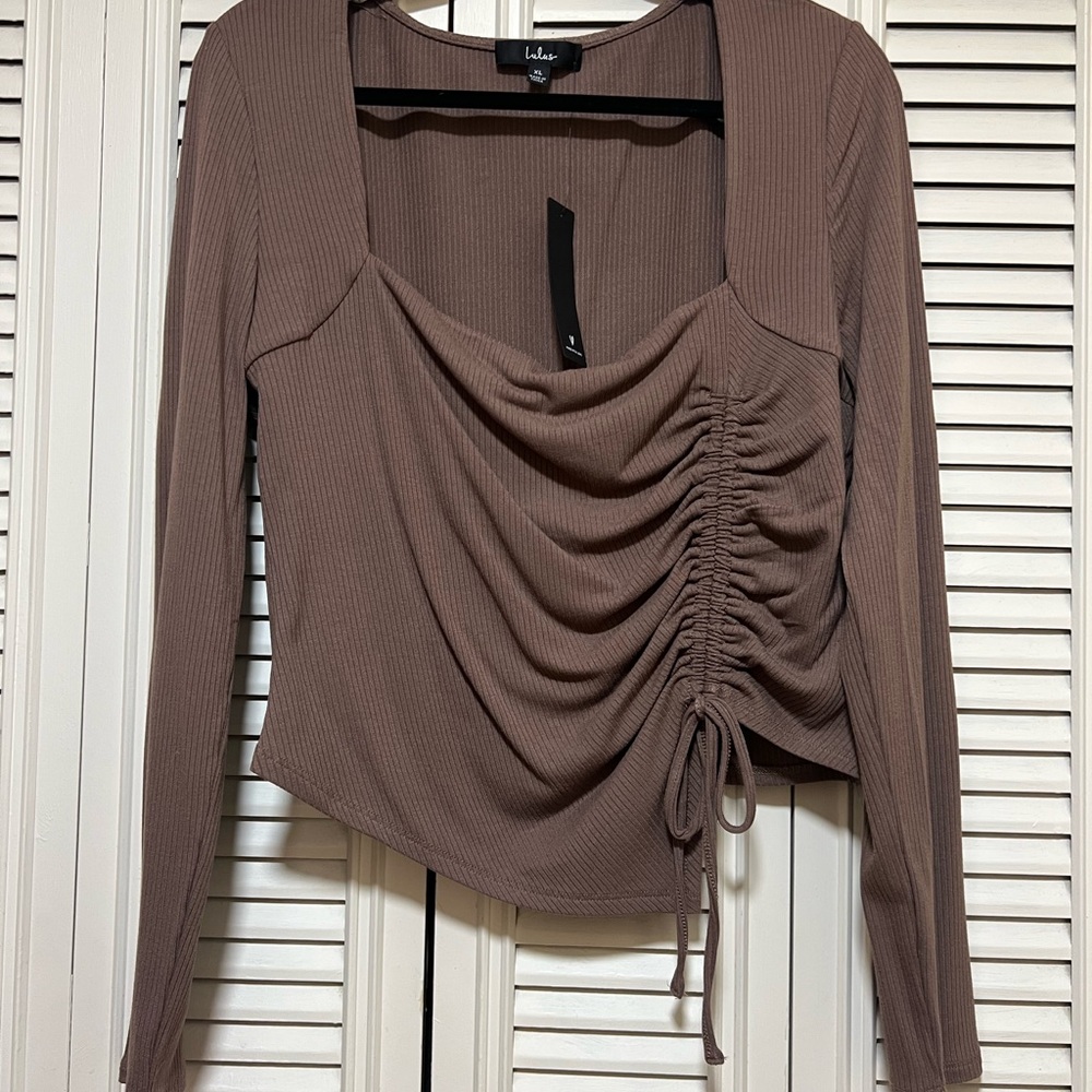 Lulu's Taupe Ruched Long Sleeve Blouse